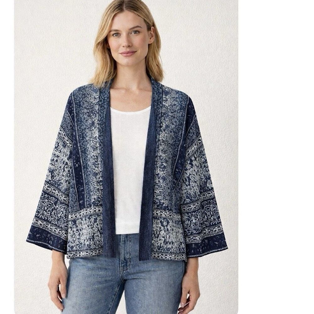J.Jill Pure Jill Indigo Open Front Kimono Style Cardigan Jacket Blue Sz XS Boho